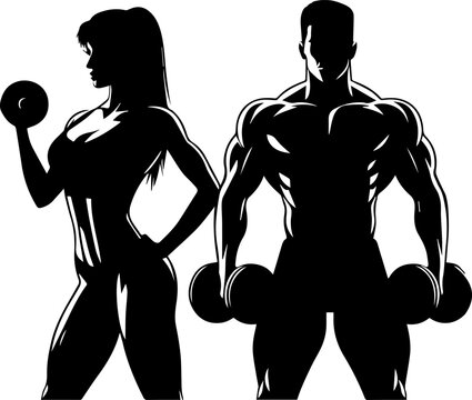 black vector silhouettes girl and guy bodybuilders standing straight isolated on white background
