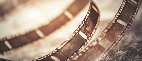 Close-up of vintage film strips against a soft blurred background, showcasing their texture and details emphasizing nostalgia and classic cinema.
