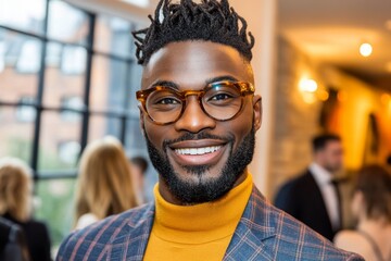 A young entrepreneur taking advantage of a networking event, exchanging business cards with professionals in a stylish venue