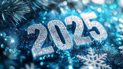 New Year design with the number 2025 and thin snowflakes on a blue background.