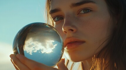 Fototapeta premium A woman is holding a large glass ball in her hand