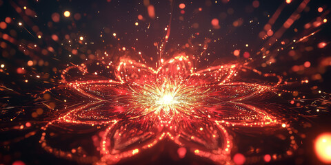 Fototapeta premium Abstract mandala made from glowing red and gold lines.