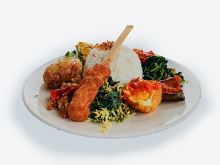A plate of Indonesian Food, Balinese Food showcasing a variety of traditional dishes, including satay and mixed vegetables.