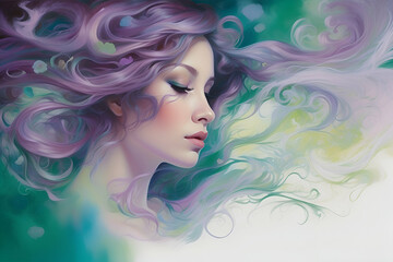 Serene Woman with Flowing Lavender Hair