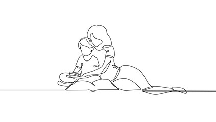 Obraz premium Mother and Son Reading Together Continuous One Line Vector Drawing. One Line Silhouette of Reading Family. Education Concept Minimalist Art