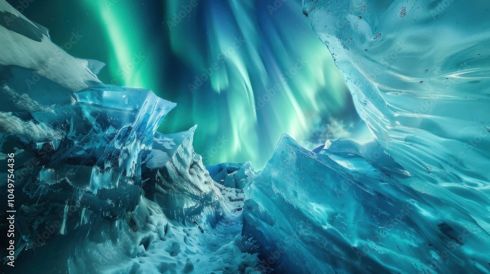 Poster a dramatic view of a high-altitude ice cave with towering, translucent ice formations and a rare, vi