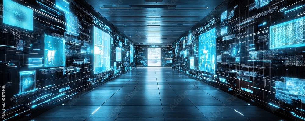 Poster futuristic digital corridor featuring glowing screens and data streams, representing advanced techno