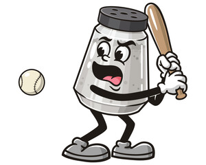 Salt Spice Pepper Seasoning Powder Shaker playing baseball, Cartoon Mascot Illustration Character Vector Clip-art Hand-drawn Logo Design 
