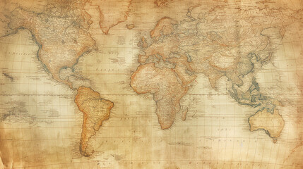 Vintage world map with faded colors and antique texture, Old map paper texture