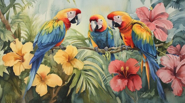 A painting of four parrots sitting on a branch in front of a pink flower