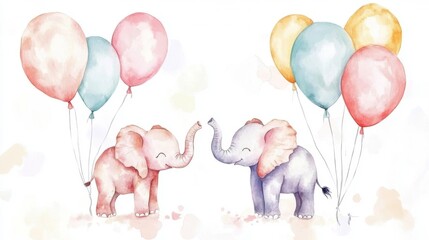 Two elephants are holding balloons in their trunks