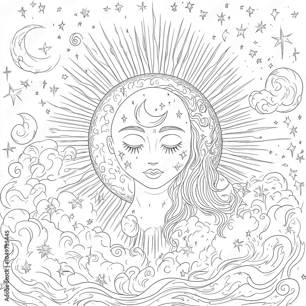 Wall mural celestial woman emerging from cosmic clouds with crescent moon on forehead