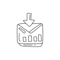 A simple line drawing representing a downward arrow above a bar chart, suggesting data download or analysis.