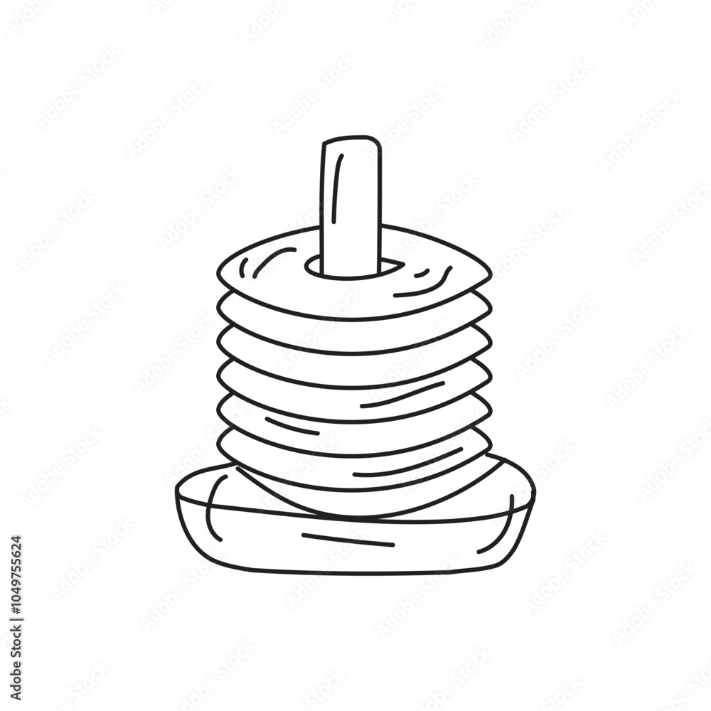Poster a simple line drawing of a stacking toy, featuring several rings of varying sizes on a base, commonl