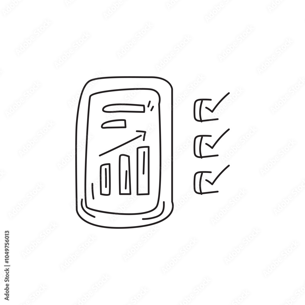 Poster a simple line drawing of a smartphone displaying a bar graph alongside a checklist, symbolizing data