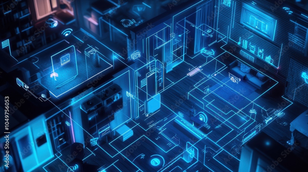 Aufkleber connected devices: network of iot devices communicating with each other in a smart home