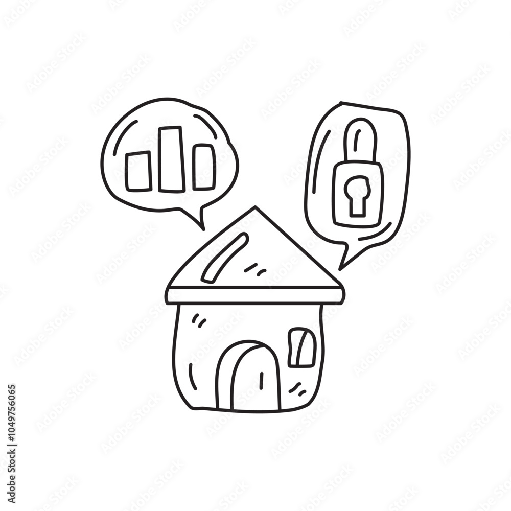 Poster a simple line drawing of a house with speech bubbles containing a graph and a padlock, symbolizing d