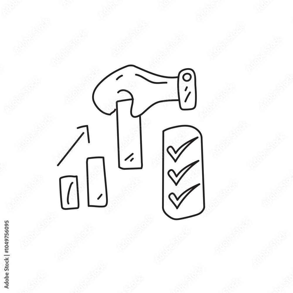 Poster a hand holding a hammer strikes a block, with ascending bar graphs and a checklist, symbolizing prog