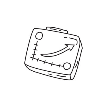 recommend clip art: A simple illustration of a device with an arrow and measurement markings, likely representing a gauge or indicator for measuring progress or direction.