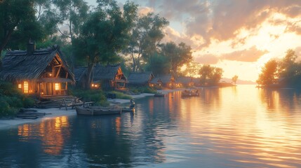 Fototapeta premium A quiet fishing village by the coast, with wooden huts and fishermen tending their nets at sunrise