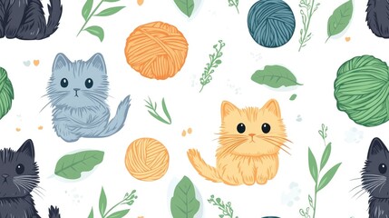 Cute cats playing with yarn balls and leaves.