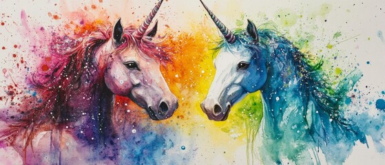 Two unicorns with rainbow colored manes and tails