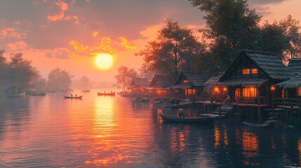 Fototapeta premium A quiet fishing village by the coast, with wooden huts and fishermen tending their nets at sunrise