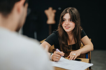 A high school student participates in a class discussion, displaying engagement and curiosity in a...