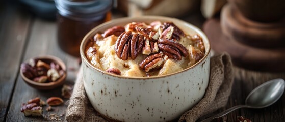 A bowl of food with nuts and a spoon on a wooden table