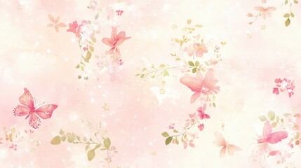 Watercolor background with pink flowers, butterflies and stars.