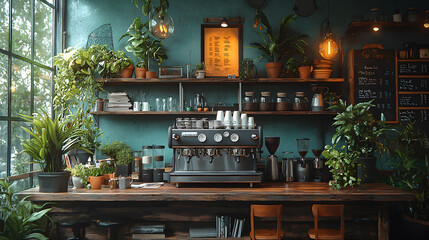 A rustic coffee shop interior with a teal wall, a wooden countertop, a professional espresso machine, and lush plants.
