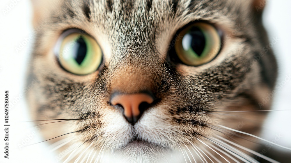 Poster close-up of a shorthair cat's face with sharp details on its whiskers and fur, isolated on a white b