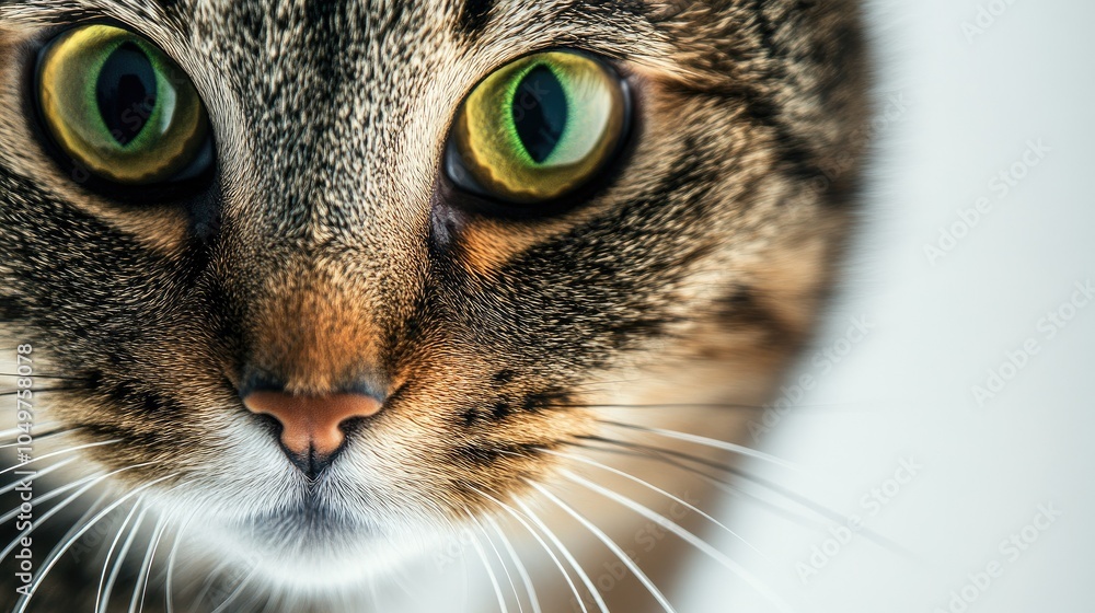 Poster close-up of a shorthair cat's face with sharp details on its whiskers and fur, isolated on a white b