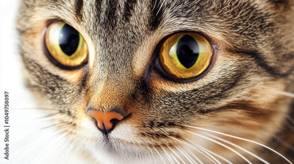 Poster close-up of a shorthair cat's face with sharp details on its whiskers and fur, isolated on a white b
