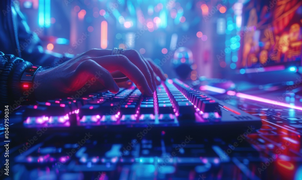 Poster hands typing on a keyboard with colorful lights. ai.