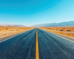 A long, straight road leading into a vast desert landscape. AI.