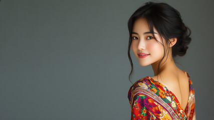 Korean woman smiling wearing traditional cloth isolated on gray