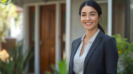 Confident Female Real Estate Agent Smiling in Front of a Home