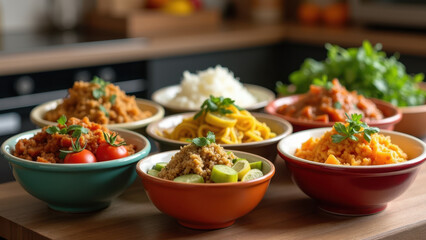 Obraz premium A wooden dining table set with a variety of colorful dishes, likely part of an Asian feast.