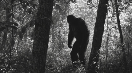 1970s black and white photojournalism image of Bigfoot Sasquatch hiding in the woods hoax fake news conspiracy theory mystery fiction science fiction pop culture background with copy space.