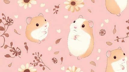 Cute hamsters with hearts and sunflowers on a pink background.