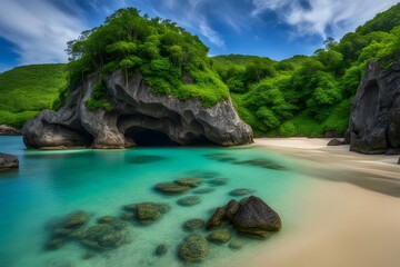 Obraz premium Secret beach a hidden beach with large rocks turquoise water and lush green hills in the background, AI Generated