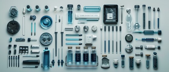 Fototapeta premium A variety of scientific tools and equipment, all laid out on a white surface. AI.