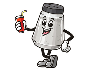 Naklejka premium Salt Spice Pepper Seasoning Powder Shaker with soft drink, Cartoon Mascot Illustration Character Vector Clip-art Hand-drawn Logo Design