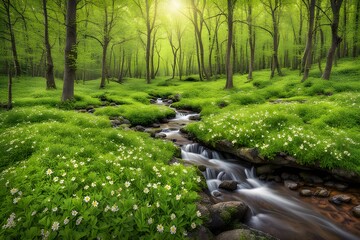 Fototapeta premium Spring forest a fresh spring forest with new green leaves wildflowers blooming, AI Generated