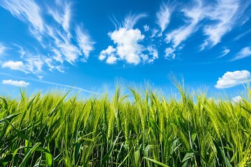 Obraz premium Green wheat field and blue sky with white clouds.