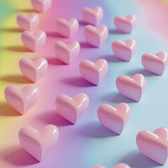 Obraz premium A scattering of 3D pink hearts close-up on a rainbow background with advertising space. Template for a romantic, greeting card, invitation. Illustration for a creative print. Оставить отзыв