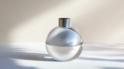 Obraz premium A clear bottle with a silver cap sits on a white table