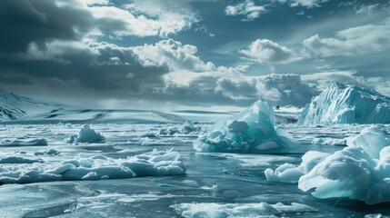 A dramatic view of a vast, frozen sea with enormous icebergs drifting and colliding, Frozen sea scene