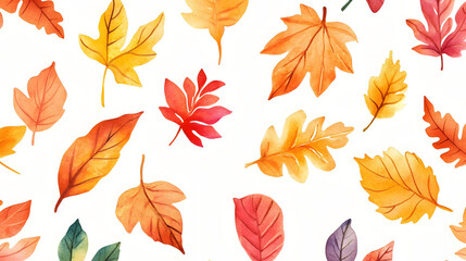 Colorful autumn leaves in a seamless pattern showcasing vibrant reds, oranges, yellows, and browns, capturing the essence of fall foliage and the beauty of nature